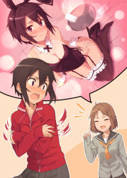 Rule 34 | 2girls, ahoge, animal ears, bad id, bad pixiv id, bare shoulders, black hair, black legwear, blush, breasts, brown eyes, brown hair, rabbit ears, cardigan, character request, cleavage, covering privates, covering breasts, detached collar, embarrassed, closed eyes, fake animal ears, frilled legwear, frills, glass, hair ornament, hairclip, hand on own hip, high heels, imagining, index finger raised, jacket, kinta (distortion), kneeling, medium breasts, multiple girls, on floor, open mouth, original, playboy bunny, pleated skirt, school uniform, short hair, skirt, small breasts, speech bubble, spill, thighhighs, track jacket, tray, wrist cuffs, zipper