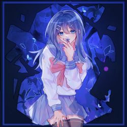 Rule 34 | 1girl, black thighhighs, blue background, blue eyes, blue flower, blue hair, blue sailor collar, blue skirt, bow, bowtie, commentary request, danganronpa: trigger happy havoc, danganronpa (series), flower, flower over mouth, hair between eyes, hair ornament, hairclip, hand up, highres, ling zhu wan, long hair, long sleeves, looking at viewer, maizono sayaka, miniskirt, multicolored background, petals, pink bow, pink bowtie, pleated skirt, sailor collar, school uniform, shirt, skirt, solo, thighhighs, white shirt