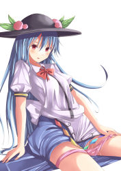 Rule 34 | 1girl, bad id, bad pixiv id, blue hair, female focus, food, fruit, hat, highres, hinanawi tenshi, long hair, panties, panty pull, peach, pussy juice, red eyes, simple background, sitting, solo, touhou, underwear, white background