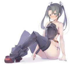 Rule 34 | 10s, 1girl, arm support, bare shoulders, black eyes, black hair, black thighhighs, blush, embarrassed, hair ribbon, kantai collection, long hair, md5 mismatch, nose blush, panties, resized, ribbon, side-tie panties, simple background, sitting, solo, sumisu (mondo), sweatdrop, thighhighs, twintails, underwear, white background, white panties, zuikaku (kancolle)