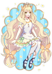 Rule 34 | 1girl, :d, black footwear, blonde hair, bow, butterfly hair ornament, celine (fire emblem), crown, dfhnokenbutu, dress, fire emblem, fire emblem engage, flower, full body, green bow, green eyes, hair ornament, highres, layered skirt, long hair, looking at viewer, nintendo, official alternate costume, open mouth, orange bow, skirt, smile, solo, thighhighs, twitter username, very long hair, white dress, white thighhighs