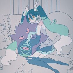 Rule 34 | 1girl, bare shoulders, blue hair, blue sleeves, blue thighhighs, closed mouth, commentary request, creatures (company), detached arm, detached sleeves, full body, game freak, gen 1 pokemon, gen 2 pokemon, gengar, ghost miku (project voltage), glitch, grey background, grey shirt, hair between eyes, hatsune miku, highres, hug, indoors, long hair, misdreavus, nintendo, pale skin, pillow, pokemon, print sleeves, project voltage, see-through, see-through skirt, shirt, skirt, sleeveless, sleeveless shirt, sleeves past fingers, sleeves past wrists, solo, stuffed toy, thighhighs, twintails, twitter username, very long hair, vocaloid, white hair, yellow eyes, yonoko k