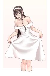Rule 34 | 1girl, alternate costume, bare shoulders, black hair, breasts, clothes lift, commentary request, cowboy shot, dress, dress lift, earrings, green eyes, hairband, highres, jewelry, kantai collection, long hair, necklace, ooyodo (kancolle), open mouth, semi-rimless eyewear, small breasts, smile, solo, strapless, strapless dress, white background, white hairband, yuuji (and)