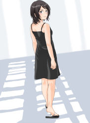 Rule 34 | 1girl, amagami, black dress, black hair, blush, dress, keisuke (0320030103200301), looking back, short hair, slippers, smile, solo, takahashi maya