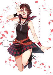 Rule 34 | 1girl, absurdres, belt, brown eyes, brown hair, character name, choker, final fantasy, final fantasy xv, highres, imaginaeri, iris amicitia, jewelry, jumping, looking at viewer, necklace, open mouth, pleated skirt, short hair, skirt, sleeveless, smile, solo