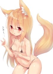 Rule 34 | 1girl, animal ear fluff, animal ears, bikini, black bikini, blush, breasts, brown hair, collarbone, commentary request, double fox shadow puppet, fox ears, fox girl, fox shadow puppet, fox tail, hair between eyes, hands up, long hair, micro bikini, navel, original, parted lips, red eyes, sakuma hiragi, simple background, small breasts, solo, swimsuit, tail, tail raised, translation request, very long hair, white background