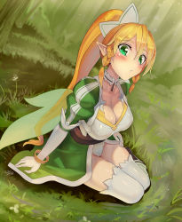 Rule 34 | 10s, 1girl, blonde hair, blush, bracelet, braid, breasts, choker, cleavage, dress, elbow gloves, gloves, grass, green dress, green eyes, jewelry, large breasts, leafa, pointy ears, ponytail, puffy short sleeves, puffy sleeves, short sleeves, side braid, sitting, solo, sword art online, thighhighs, twin braids, walzrj, white gloves, white thighhighs, zettai ryouiki