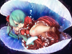 Rule 34 | 1girl, ala (vocaloid), aqua eyes, aqua hair, bubble, clam, dress, feathers, fetal position, flower, from side, hair ribbon, hatsune miku, high heels, koto (artr), long hair, lying, mico, on side, ponytail, red dress, ribbon, rose, shoes, solo, underwater, vocaloid, wet, wet clothes
