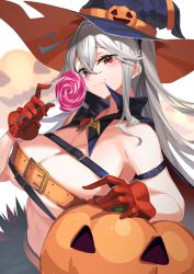 Rule 34 | 1girl, belt bra, breasts, candy, cleavage, food, gloves, halloween, hat, highres, holding, holding candy, holding food, holding lollipop, jack-o&#039;-lantern, large breasts, lollipop, long hair, looking at viewer, navel, original, pumpkin, red eyes, red gloves, silver hair, smile, solo, witch hat, yamanokami eaka