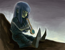 Rule 34 | 00s, 1girl, cloud, cloudy sky, dress, ergo proxy, expressionless, flute, instrument, lekker, long hair, long sleeves, overalls, pino (ergo proxy), playing instrument, rock, shoes, silver hair, sky, solo