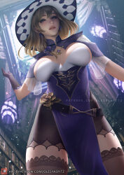 Rule 34 | black gloves, black thighhighs, blurry, blurry background, breasts, breasts apart, brown hair, capelet, earrings, flower, genshin impact, gloves, green eyes, hat, jewelry, large breasts, lips, lisa (genshin impact), long hair, olesyaspitz, parted lips, pelvic curtain, purple capelet, purple flower, purple hat, purple rose, rose, thighhighs, vision (genshin impact), witch hat