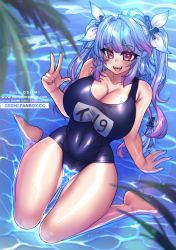 Rule 34 | 1girl, artist name, bare shoulders, blue hair, breasts, cleavage, collarbone, commentary, covered navel, english commentary, full body, gluteal fold, gradient hair, highres, i-19 (kancolle), kantai collection, large breasts, looking at viewer, multicolored hair, one-piece swimsuit, open mouth, osiimi, partially submerged, patreon username, purple hair, sleeveless, solo, swimsuit, teeth, tongue, twintails, twitter username, v, water, watermark, web address