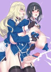 Rule 34 | 2girls, atago (kancolle), black hair, blonde hair, blue eyes, grabbing another&#039;s breast, breasts, breasts out, cum, ejaculating while penetrated, ejaculation, futa with futa, futanari, gloves, grabbing, heart pasties, highres, huge breasts, kantai collection, lactation, large areolae, large penis, mizuumi (bb), multiple girls, pasties, penis, red eyes, sex, takao (kancolle)
