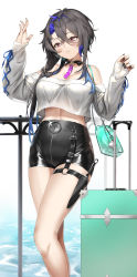 Rule 34 | 1girl, absurdres, ahoge, azur lane, bag, bare shoulders, belt, black coat, black nails, black shorts, blush, breasts, cleavage, coat, collarbone, colored tips, commentary, cowboy shot, cropped sweater, crossed bangs, foch (azur lane), foch (rainbow rendezvous) (azur lane), glint, grey hair, hair between eyes, hair over shoulder, hands up, high-waist shorts, highres, holster, knife sheath, knife sheath, large breasts, latex shorts, long hair, looking at viewer, midriff, multicolored hair, nail polish, navel, o-ring, o-ring belt, off-shoulder sweater, off shoulder, official alternate costume, parted lips, pink eyes, pixel (yuxian), purple hair, railing, ribbon-trimmed sleeves, ribbon trim, sheath, sheathed, shorts, shoulder bag, sidelocks, smile, solo, standing, suitcase, sweater, thigh holster, water, white background, white sweater