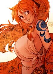 1girl absurdres bare_shoulders belt belt_buckle body_jewelry breasts brown_eyes buckle commentary earrings english_commentary from_side gradient_background high_ponytail highres jewelry large_breasts lips long_hair looking_at_viewer looking_to_the_side midriff nami_(one_piece) narrow_waist one_piece orange_hair orange_theme parted_lips ponytail shirt shoulder_tattoo shuravf signature single_sidelock sleeveless sleeveless_shirt smile solo tattoo tied_shirt upper_body wavy_hair white_shirt