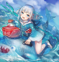 Rule 34 | 1girl, absurdres, arpeggio kaga, blue eyes, blue hair, blue sky, blue socks, cloud, cloudy sky, full body, gawr gura, hat, highres, hololive, hololive english, horizon, long hair, long sleeves, multicolored hair, outdoors, polearm, riding shark, shoes, sky, socks, solo, streaked hair, trident, virtual youtuber, weapon, weapon on back, white footwear, white hair, wide sleeves