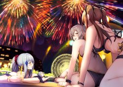 Rule 34 | 404 (girls&#039; frontline), 4girls, bikini, black bikini, blunt bangs, blush, breasts, brown eyes, brown hair, butt crack, cup, facial mark, fireworks, g11 (girls&#039; frontline), girls&#039; frontline, green eyes, hair between eyes, hair ornament, highres, hk416 (girls&#039; frontline), holding, holding cup, large breasts, long hair, looking at viewer, lying, medium breasts, multiple girls, night, on back, one side up, open mouth, partially submerged, scar, scar across eye, scar on face, scrunchie, silver hair, sitting, sleeping, smile, swimsuit, teardrop, tobimura, twintails, ump45 (girls&#039; frontline), ump9 (girls&#039; frontline), very long hair, wrist scrunchie