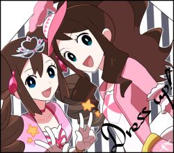 Rule 34 | 2girls, :d, arm garter, blue eyes, bright pupils, brown hair, commentary request, creatures (company), dress, eyelashes, game freak, gloves, green eyes, hair ornament, high ponytail, hilda (pokemon), hilda (special costume) (pokemon), kanade (unchi knd280), long hair, looking at viewer, multiple girls, nintendo, official alternate costume, open mouth, pink dress, pokemon, pokemon bw2, pokemon masters ex, pokestar studios, rosa (pokemon), sidelocks, smile, star (symbol), tongue, twintails, upper body