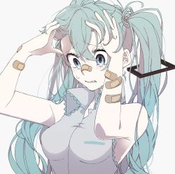 Rule 34 | 1girl, aqua hair, bandaid, bandaid on arm, bandaid on face, bandaid on nose, blue eyes, blush, breasts, crossed bangs, crying, crying with eyes open, eiku, grey background, hair between eyes, hair ornament, hatsune miku, highres, long hair, medium breasts, popped collar, shirt, simple background, sleeveless, sleeveless shirt, solo, tears, teeth, twintails, upper body, vocaloid