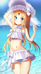 Rule 34 | 1girl, abigail williams (fate), abigail williams (swimsuit), abigail williams (swimsuit foreigner) (fate), abigail williams (swimsuit foreigner) (third ascension) (fate), absurdres, bare shoulders, beach, bikini, blonde hair, blue eyes, blue sky, blush, bonnet, bow, braid, braided hair rings, breasts, closed mouth, day, fate/grand order, fate (series), forehead, hair bow, hair rings, highres, keyhole, lens flare, long hair, looking at viewer, miniskirt, navel, ocean, parted bangs, sidelocks, skirt, sky, small breasts, smile, solo, sunlight, swimsuit, thighs, twin braids, twintails, white bikini, white bow, white headwear, yeoru