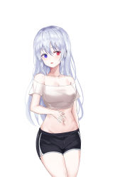 Rule 34 | 1girl, absurdres, bare shoulders, black shorts, blue eyes, breasts, cleavage, collarbone, cowboy shot, crop top, dolphin shorts, groin, hair between eyes, hand on own stomach, heterochromia, highres, long hair, looking at viewer, medium breasts, midriff, muyang, navel, off-shoulder shirt, off shoulder, original, parted lips, red eyes, shirt, short shorts, short sleeves, shorts, silver hair, simple background, solo, stomach, thighs, white background, white shirt