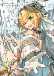 Rule 34 | 1girl, ahoge, bare shoulders, blonde hair, blush, breasts, bridal veil, chain, detached collar, detached sleeves, elbow gloves, fate/extra, fate/extra ccc, fate (series), flower wreath, gloves, hair between eyes, hair intakes, head wreath, kawaku, large breasts, leotard, long hair, looking at viewer, looking back, nero claudius (bride) (fate), nero claudius (bride) (second ascension) (fate), nero claudius (fate), nero claudius (fate) (all), one eye closed, open mouth, outstretched arm, smile, solo, thighhighs, veil, white gloves, white leotard, white sleeves, white thighhighs, zipper