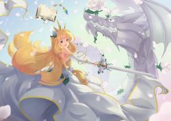 Rule 34 | 1girl, blonde hair, book, bridal gauntlets, bucketpurin, cagliostro (granblue fantasy), commentary request, dragon, dress, floating hair, flower, from side, granblue fantasy, hair flower, hair ornament, holding, holding sword, holding weapon, long hair, open book, open mouth, petals, purple eyes, rose, sharp teeth, sword, teeth, very long hair, weapon, white dress, white flower, white rose