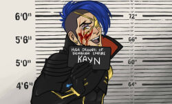 Rule 34 | 1boy, barbie mugshot (meme), black bodysuit, blood, blood on face, blue hair, bodysuit, character name, earrings, hand up, height mark, holding, holding sign, jewelry, kayn (league of legends), league of legends, littlby (badwoolf), looking at viewer, male focus, meme, mugshot, odyssey kayn, short hair, sign, solo, teeth, upper teeth only, yellow eyes