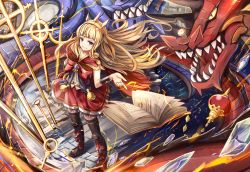 Rule 34 | 10s, 1girl, blonde hair, blue eyes, book, boots, cagliostro (granblue fantasy), dragon, dress, from above, granblue fantasy, highres, long hair, ouroboros (granblue fantasy), sakura ani, smile, thigh boots, thighhighs