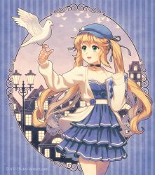 Rule 34 | 1girl, animal, bird, blonde hair, blue background, blue dress, blue hat, building, choker, coat, commission, cowboy shot, dav-19, deviantart username, dokibird (vtuber), dove, dress, green eyes, hat, holding, holding notebook, indie virtual youtuber, lamppost, long hair, long sleeves, notebook, open clothes, open coat, open mouth, outdoors, smile, solo, star (symbol), teeth, twintails, upper teeth only, virtual youtuber, watermark, web address, white coat