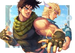 Rule 34 | 2boys, artist name, battle tendency, biceps, blonde hair, blue eyes, blue gloves, blue jacket, border, brown hair, bubble, caesar anthonio zeppeli, closed mouth, commentary request, cropped shirt, electricity, facial mark, feather hair ornament, feathers, fingerless gloves, foreshortening, gloves, green eyes, green scarf, green shirt, hair ornament, hamon, headband, highres, jacket, jojo no kimyou na bouken, joseph joestar, joseph joestar (young), looking to the side, male focus, multiple boys, muscular, muscular male, outside border, parted lips, profile, scarf, shikabane (draw tadao14), shirt, short hair, sideways glance, sleeveless, sleeveless shirt, smile, striped clothes, striped scarf, teeth, triangle print, turning head, upper body, v-shaped eyebrows, vertical-striped clothes, vertical-striped scarf, white border