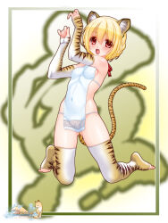 Rule 34 | 1girl, :3, animal ear fluff, animal ears, animal print, arm warmers, arms up, artist logo, artist name, blonde hair, braided hair rings, chinese clothes, chinese zodiac, claw pose, commentary, covered erect nipples, dudou, full body, gluteal fold, groin, hair ribbon, highres, hip bones, kneeling, lace trim, looking at viewer, nakajima konta, navel, no panties, original, red eyes, red ribbon, revealing clothes, ribbon, solo, tail, thighhighs, tiger ears, tiger girl, tiger print, tiger tail, toeless legwear, year of the tiger