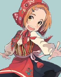 Rule 34 | 1girl, :d, ai nige, alternate costume, apron, blue background, collared shirt, commentary, cross-laced clothes, floral print, flower, hair flower, hair ornament, hairclip, head scarf, highres, idolmaster, idolmaster cinderella girls, kerchief, long sleeves, looking at viewer, open mouth, orange hair, outstretched arms, ryuzaki kaoru, sash, shirt, short hair, simple background, skirt, smile, solo, teeth, thick eyebrows, traditional clothes, upper body, upper teeth only, yellow eyes