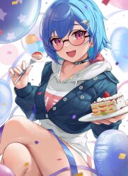 Rule 34 | 1girl, :d, absurdres, balloon, black choker, blue hair, blue nails, blue vest, blush, cake, cake slice, choker, commentary request, crossed legs, dolphin hair ornament, drawstring, ear piercing, food, fork, fruit, glasses, hands up, highres, holding, holding fork, holding plate, hood, hooded shirt, hoodie, kaguya (srx61800), long sleeves, looking at viewer, nijisanji, nishizono chigusa, open mouth, piercing, plate, red eyes, round eyewear, short hair, sitting, smile, solo, strawberry, vest, virtual youtuber, white hoodie