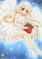 Rule 34 | 1girl, angel, bad id, bad pixiv id, blonde hair, blue eyes, blush, cross, dress, gift, gloves, hairband, holding, holding gift, jewelry, long hair, necklace, original, solo, traditional media, white gloves, wings, yukiou