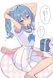 Rule 34 | 1girl, arms behind head, bad feet, bag, barefoot, blue eyes, blue hair, blue sailor collar, blush, closed mouth, commentary request, hair between eyes, hair tie in mouth, highres, hololive, hoshimachi suisei, hoshimachi suisei (school uniform), kanahei no shoudoubutsu, kohaku (csacu), long hair, long sleeves, looking at viewer, mouth hold, official alternate costume, pleated skirt, revision, sailor collar, school bag, school uniform, serafuku, shirt, short sleeves, sitting, skirt, solo, speech bubble, star (symbol), star in eye, symbol in eye, translation request, tying hair, usagi (kanahei), virtual youtuber, wariza, white serafuku, white shirt, white skirt
