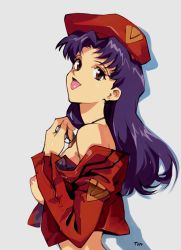 Rule 34 | 1girl, breasts, brown eyes, commentary, cross, earrings, english commentary, hat, highres, jewelry, katsuragi misato, long hair, looking at viewer, medium breasts, necklace, neon genesis evangelion, nerv, nipples, open mouth, optionaltypo, purple hair, smile, solo, tongue, tongue out