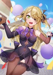 Rule 34 | 1girl, 2others, absurdres, balloon, bare shoulders, black gloves, blonde hair, blue sky, blush, bow, bowtie, brown bow, brown gloves, brown thighhighs, bush, cloud, cloudy sky, confetti, covered navel, detached sleeves, eyepatch, eyeshadow, fingernails, fischl (genshin impact), frills, garter straps, genshin impact, gloves, green eyes, hair bow, hair over one eye, highres, hoshino mokuzu, house, leotard, light particles, long hair, makeup, multicolored clothes, multicolored gloves, multiple others, open mouth, outdoors, pantyhose, purple bow, purple gloves, see-through, single thighhigh, skindentation, sky, solo focus, sweat, taking another&#039;s hand, teeth, thighhighs, twintails, two-tone gloves, upper teeth only