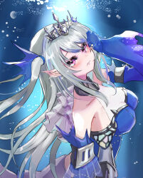 Rule 34 | 1girl, bare shoulders, blue dress, blue sleeves, breasts, detached sleeves, dress, duel monster, fins, from side, hand on own face, head fins, highres, long hair, long sleeves, medium breasts, noppe, pink eyes, siren (mythology), sleeves past wrists, solo, tearlaments scheiren, tears, tiara, two side up, white hair, yu-gi-oh!
