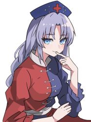 Rule 34 | 1girl, blue dress, blue eyes, blue hat, braid, commentary request, cross, dress, grey hair, happy, hat, kv-san, long hair, long sleeves, looking at viewer, nurse cap, red cross, red dress, sash, simple background, single braid, smile, solo, touhou, two-tone dress, white background, white sash, yagokoro eirin