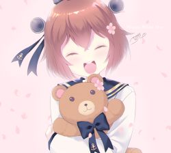 Rule 34 | 1girl, :d, ^ ^, anchor symbol, black ribbon, black sailor collar, blush, brown hair, cherry blossoms, closed eyes, commentary request, dress, facing viewer, flower, hair between eyes, hair flower, hair ornament, hair ribbon, headgear, kantai collection, long sleeves, hugging object, open mouth, pink background, pink flower, ribbon, round teeth, sailor collar, sailor dress, signature, simple background, smile, solo, stuffed animal, stuffed toy, teddy bear, teeth, tsukimochikuriko (tsukimochi k), upper body, upper teeth only, white day, white dress, yukikaze (kancolle)