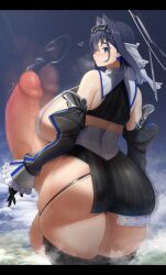 Rule 34 | 1girl, above clouds, ass, bare shoulders, black gloves, black thighhighs, blue eyes, blue hair, breasts, censored, chain headband, cloud, curvy, detached sleeves, futanari, giant, giantess, gigantic penis, gloves, hair intakes, half-skirt, halo, headband, highres, hololive, hololive english, huge ass, huge breasts, huge penis, looking back, mechanical halo, miniskirt, mosaic censoring, ouro kronii, penis, pointless censoring, ribbon earrings, short hair, sideboob, sinensian, skindentation, skirt, solo, striped clothes, striped skirt, testicles, thick thighs, thighhighs, thighs, veil, vertical-striped clothes, vertical-striped skirt, virtual youtuber, wide hips
