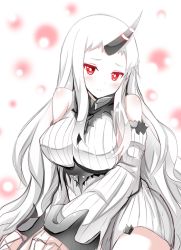 Rule 34 | 10s, 1girl, abyssal ship, bad id, bad pixiv id, blush, breasts, claws, detached sleeves, dress, horns, kantai collection, large breasts, long hair, md5 mismatch, pale skin, red eyes, ribbed dress, seaport princess, shinekalta, short dress, single horn, solo, very long hair, white hair