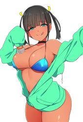 Rule 34 | 1girl, :q, bebebe (pepegakii), bikini, black hair, blue bikini, blue eyes, breasts, character request, cleavage, copyright request, dark-skinned female, dark skin, green hoodie, heart, heart-shaped pupils, highres, hood, hoodie, large breasts, open clothes, ribbon, solo, standing, swimsuit, symbol-shaped pupils, tongue, tongue out, twintails, yellow ribbon