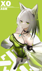 Rule 34 | 1girl, animal ears, arknights, bare shoulders, black choker, breasts, cat ears, choker, cleavage, commentary request, dress, green background, green dress, green eyes, kal&#039;tsit (arknights), large breasts, looking at viewer, off shoulder, omone hokoma agm, short hair, simple background, solo, standing, white hair