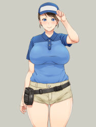 Rule 34 | 1girl, adjusting clothes, adjusting headwear, arm at side, arm up, baseball cap, beige background, belt, belt pouch, blue eyes, blue hat, blue shirt, blush, breasts, brown hair, brown shorts, buttons, cameltoe, closed mouth, collared shirt, gluteal fold, hat, large breasts, looking at viewer, original, pocket, polo shirt, pouch, shikuta maru, shirt, short hair, short sleeves, shorts, simple background, smile, solo, standing, taut clothes, taut shirt, thick thighs, thigh gap, thighs, wide hips, wing collar, zipper