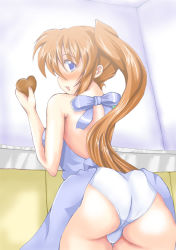 Rule 34 | 00s, 1girl, apron, artist request, ass, back, bare shoulders, blue eyes, blush, breasts, brown hair, candy, chocolate, chocolate heart, food, from behind, heart, long hair, looking back, lyrical nanoha, mahou shoujo lyrical nanoha, open mouth, panties, ponytail, shiny skin, sideboob, smile, solo, takamachi nanoha, underwear, valentine