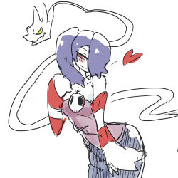 Rule 34 | 1girl, blush, breasts, cleavage, detached collar, detached sleeves, dress, hair over one eye, heart, highres, leviathan (skullgirls), nishikun, purple hair, red eyes, side ponytail, skullgirls, squigly (skullgirls), stitched mouth, stitches, striped, striped sleeves, zombie