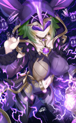 Rule 34 | 1girl, absurdres, black background, blush, bodysuit, breasts, choker, cicin (genshin impact), cicin mage (genshin impact), closed mouth, collarbone, covered erect nipples, electro cicin mage (genshin impact), fur trim, gem, genshin impact, green hair, hand up, highres, hood, large breasts, lightning, long sleeves, looking at viewer, looking up, mask, navel, nez-box, revealing clothes, short hair, signature, smile, solo, standing, tagme