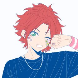 Rule 34 | 1boy, bangs pinned back, black shirt, ensemble stars!, fingernails, green eyes, highres, isara mao, jewelry, llli illli illl, looking at viewer, male focus, necklace, one eye closed, red hair, shirt, short hair, simple background, smile, solo, sticker on face, teeth, white background, wristband